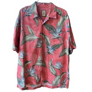 Jamaica Jaxx Hawaiian 100% Silk Novelty Print ButtonDown Shirt. XL Coral/green